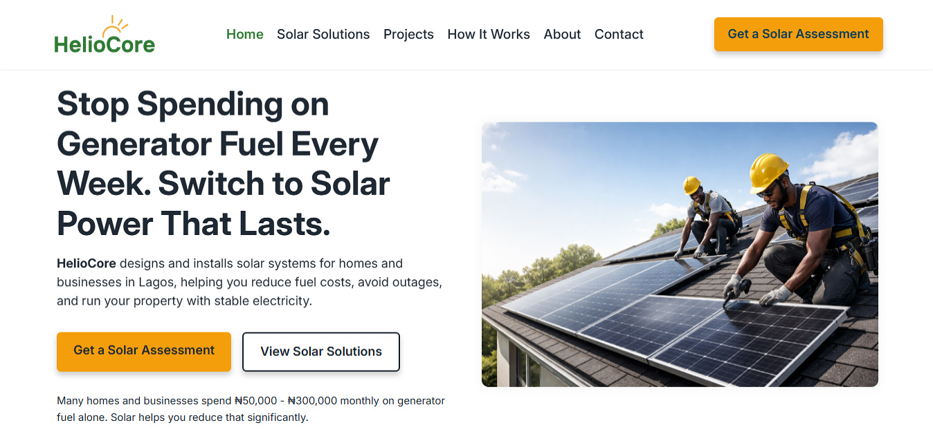 Screenshot of HelioCore website hero section